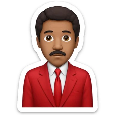 Richard Pryor with dark brown hair, red suit jacket, black suit shirt with red tie sticker