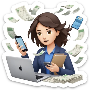woman holding a phone in one hand, laptop open in front, storm of receipts, invoices, and reminders swirling around, multitasking chaos sticker