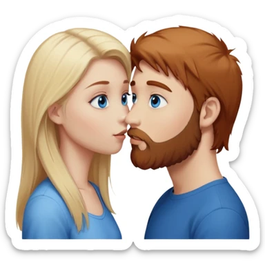 Beautiful, long-straight, pale-blonde-hair blue eyed girl facing a reddish brownish hair and scruffy beard, blue eyed, white male kissing  sticker