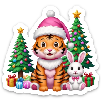 Smiling Pink tiger with Santa sitting by a bunny and brightly lit colorful Christmas trees and candy canes 🎁  sticker