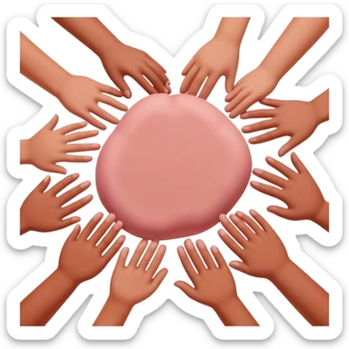 multiple hands working together to form a simple pink clay blob shape, collaborative pottery beginners sticker
