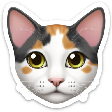 white calico cat with orange, brown, grey spots, short hair. pink nose green eyes sticker