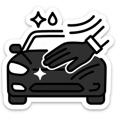elegant hand with white or black glove on the hood of a high-end car, water drops or shine, main color black with silver or white details, smooth motion lines suggesting cleaning, modern and clean icon sticker