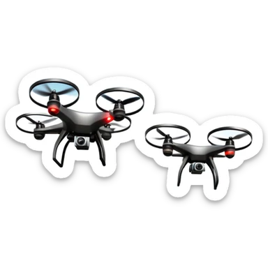 An icon showing a racing quadcopter drone in the foreground, flying at high speed through a course filled with obstacles and checkpoints. Other drones zoom in the background over a dynamic landscape. Transparent background highlights the thrill and precision of drone racing. sticker