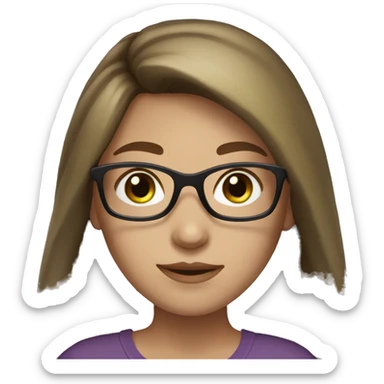 A girl with white skin skin,  brown long hair , brown-green eyes, brown-purple-balck glasses sticker