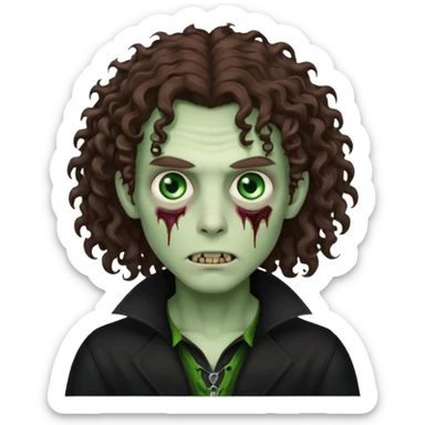 long curly haired male zombie with brown hair color and green eye color, with dark vampire clothes sticker