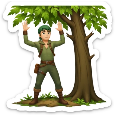 full body forest rogue man, from behind leaning against tree, one arm raised, leaf shadows on back sticker