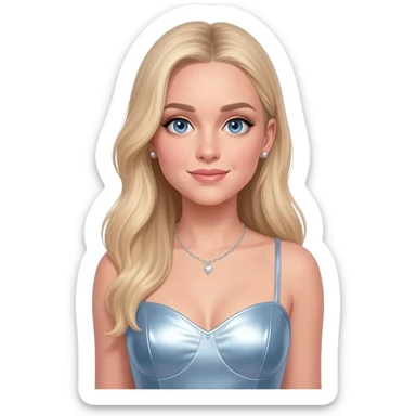 Sabrina Carpenter with blue eyes, long light blonde hair, light steel blue metallic sweetheart dress, silver necklace and short earrings sticker