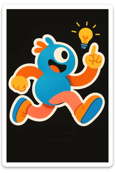 Remove all text and written matter, keep only the mascot character and visual elements. Preserve the playful, energetic, and imaginative style suitable for a black website background. sticker