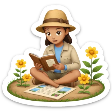 someone who's walking on a path and the person is reading a panel to learn about a flower. the person is reading a panel/ NOT A BOOK which is on the ground sticker