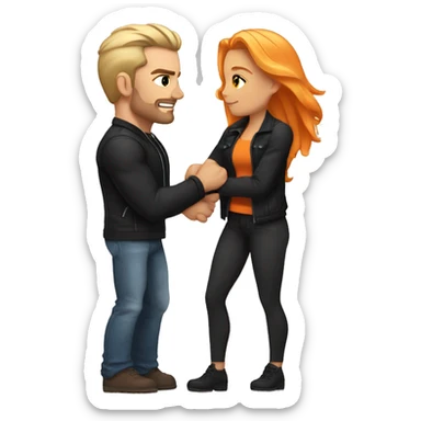 A muscular, well-formed, slightly brunette man wearing a black jacket, and a woman with light blonde and orange hair, brown eyes, and a black crop top, hugging him. sticker