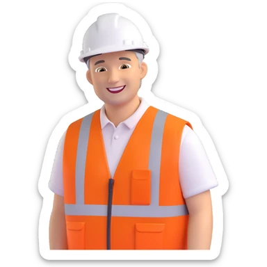 friendly middle-aged man with short hair, smiling, wearing a high-visibility orange vest and white hard hat, inspired by a Network Rail worker sticker
