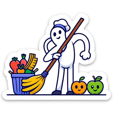 Friendly broom character sweeping through intestines, representing how fiber cleans the digestive system, surrounded by healthy food symbols sticker