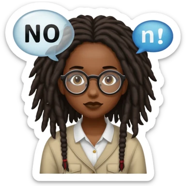 darker skin female with dark dreadlock hair wearing large round glasses with a word bubble that says no sticker