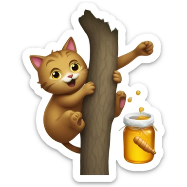 Cat climbing a tree chasing a bear holding a honey pot sticker