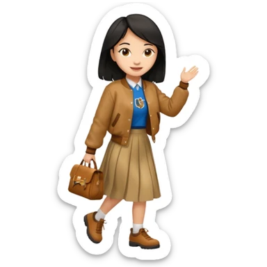 black color hair, light skin long hair girl with brown varsity jacket and long skirt walking

 sticker