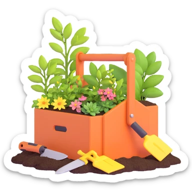spring gardening tool box with small plants sticker