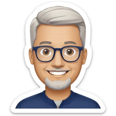 Light-skinned wider-built man with oval face, very close-cut hair (shorter on top, skin fade), short graying beard, big black glasses frames, happy smile, navy blue zip-up sweatshirt with long sleeves sticker