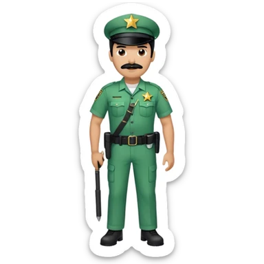 Chill guy in correctional officer green uniform. Full body. Black hair black mustache.  Light brown skin tone. Star badge. With duty belt and baton. sticker