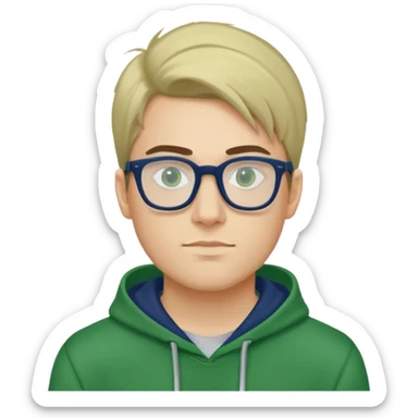 A boy of about 27 years old. No beard. Straight hair combed to the right. With a pair of navy blue framed glasses. Wearing a green hoodie. sticker