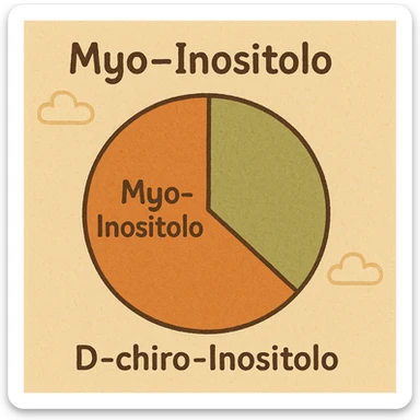 modern infographic style pie or bar chart showing proportion between Myo-Inositolo and D-chiro-Inositolo, two distinct sections with highlighted names, harmonious colors, light background sticker