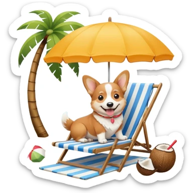 a corgi dog laied on a beach chair, a sunny beach, a sun umbrella, and beach coconut trees. the icon should capture the essence of a relaxing beach vacation with a carefree atmosphere sticker