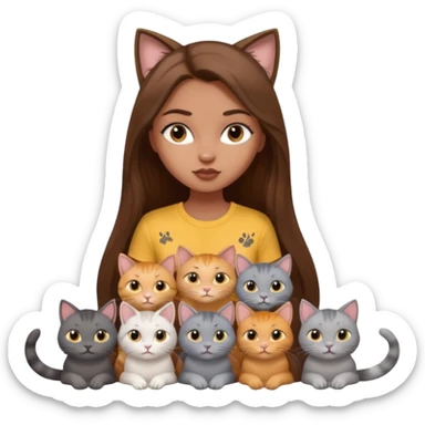 a pretty bratz dusky girl with long brown hair with six cats nd wearing a grey tshirt sticker