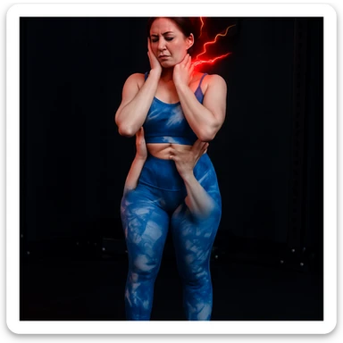 Realistic style edit of the girl identical to the photo with one hand on the jaw and one on the neck, expression of pain. Pain symbols like redness and lightning on neck and head. sticker