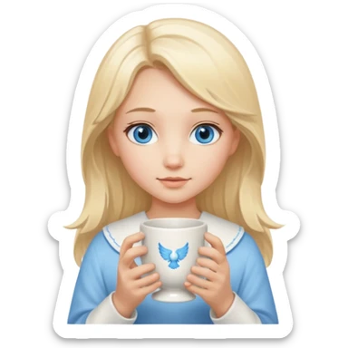 angelic blonde girl with middle length hair and blue eyes holds a cup sticker