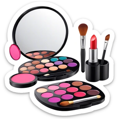 A photorealistic icon featuring makeup brushes, a lipstick being applied, an eyeshadow palette with colors in use and a compact mirror reflecting a half-done makeup look. The design captures the artistry and process of makeup with bright and realistic textures. Transparent background. sticker