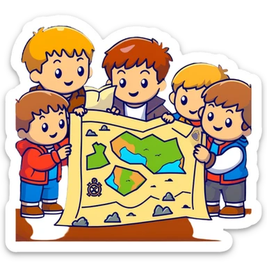 group of goonies kids examining a treasure map sticker