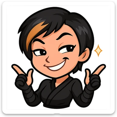 Sexy chibi ninja girl with black short hair and a blonde streak, only head and arms, colorful chibi style with bold outlines, transparent background, no mask, extra smug grin with both eyebrows raised and a little sparkle by her face, sized for Twitch emoji use. sticker