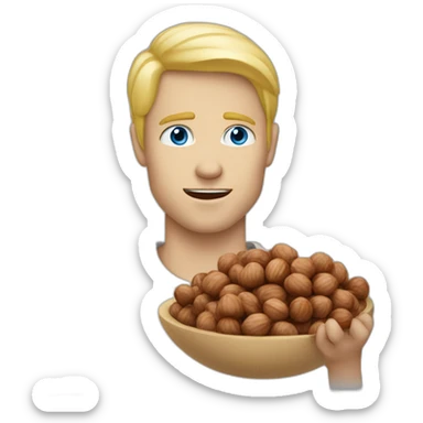 Blond man blue eyes eating big hazelnut sticker