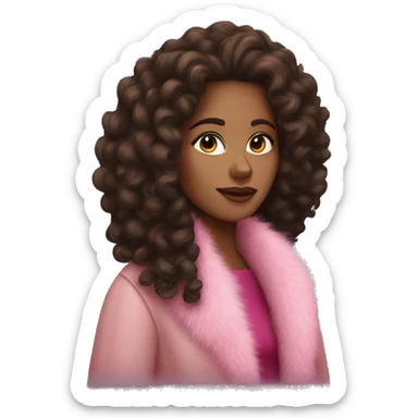 pretty brown woman with long dark curly hair and pink fur coat on sticker
