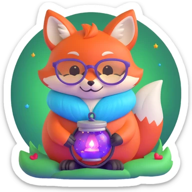 small magical fox with shimmering purple and blue fur, glowing fluffy tail, silver star on forehead, round glasses, tiny lantern, hugging a big red heart sticker