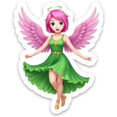 pink fairy with pink hair and pink wings in green dress dancing sticker