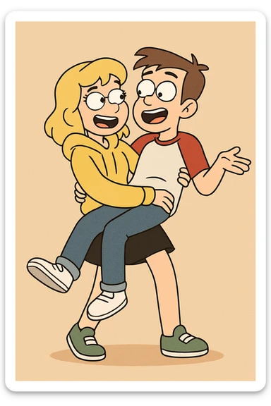 A man Raglan sleeves with Red t-shirts blue jeans white shoes carried by a cute a girl yellow hoodie black skirt green shoe  sticker