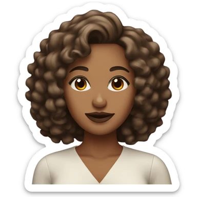 brown woman with curly shoulder length hair and brown eyes with slightly red lipstick sticker