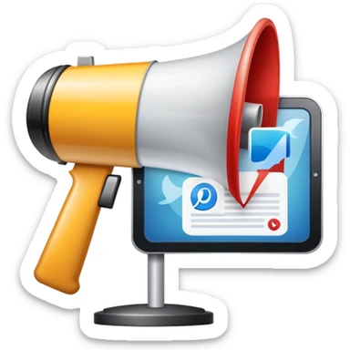 An icon featuring a megaphone, a billboard, and social media icons, symbolizing advertising and public relations. The design includes a press release and a rising graph, representing brand promotion and communication strategies. Transparent background highlights media influence and outreach. sticker