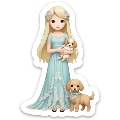Pastel anime lady long hair with long lace dress full body holding puppy sticker