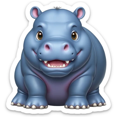 cinematic-hippo-realistic-full-body-side-view-standing-on-all-fours-emoji,-massive-round-frame,-wide-mouthed-grin-exposing-huge-teeth,-head-tilted-dramatically,-thick-greyish blue-hide-glossy, big cute eyes sticker