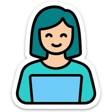 Icon style illustration of a teal woman at a laptop, minimal design, with a subtle smile, matching the reference image. sticker