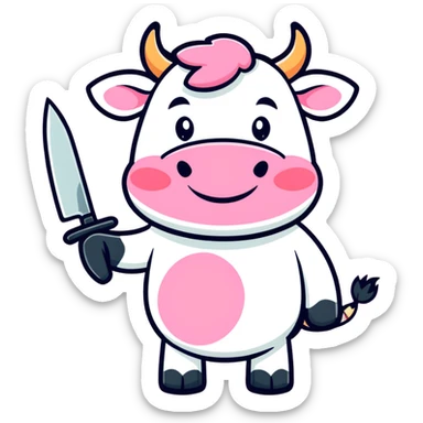Pink cow grinning holding a knife  sticker