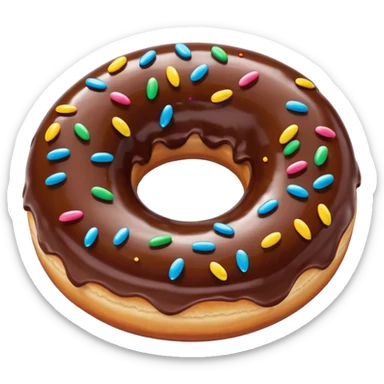 A glossy chocolate-glazed donut emoji with colorful sprinkles, rendered in a bright, clean, 3D cartoon style. Soft lighting, smooth texture, vibrant colors, and a playful, appetizing look. sticker