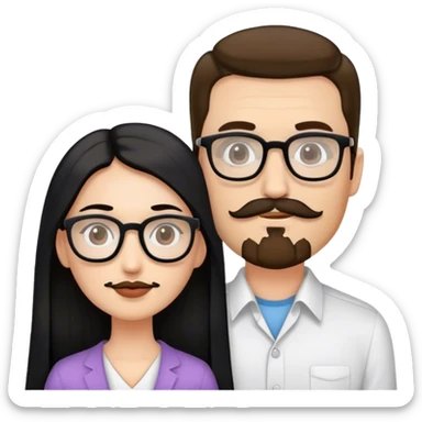 couple, Tall white man brown mustache goatee, and small woman long black hair square glasses sticker