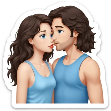 A girl with long, dark brown, wavy hair, grey-blue eyes, and a light blue tank top gives a kiss  sticker