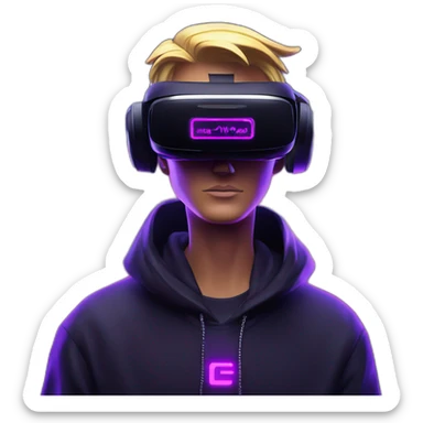 Donald Trump wearing a black hoodie with "OMG" letters on it and VR headset in a cyberpunk VR environment with violet neon lighting. sticker
