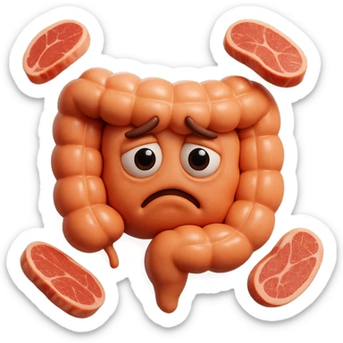 emoji stile iphone in 3d di un intestino triste con fette di carne che gli fluttuano intorno, gli occhi falli con la parte bianca pure, iperrealistico 4k sticker