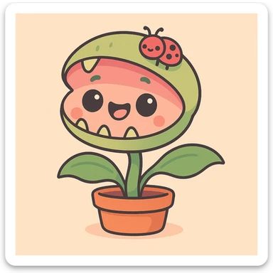 Add a tiny cute bug friend sitting on the Venus flytrap, maintaining the kawaii pastel style with soft colors and gentle shading. sticker