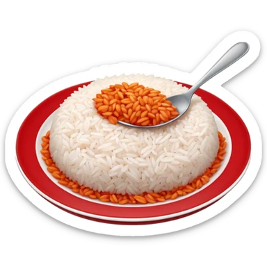 a plate of red-topped rice, with a spoonful missing, showing the inside sticker